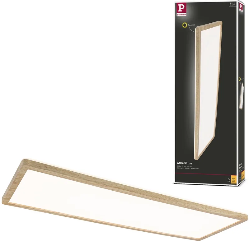 LED-paneel Atria Shine Backlight IP44 hoekig 580x200 mm 22W 2300lm 3000K van Paulmann in Houtlook – productfoto