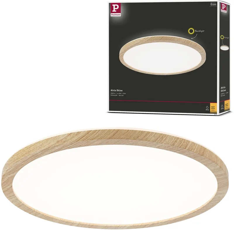 Panneau LED Atria Shine Backlight IP44 rond 293 mm 16W 1600lm 3000K de Paulmann en Houtlook – photo produit