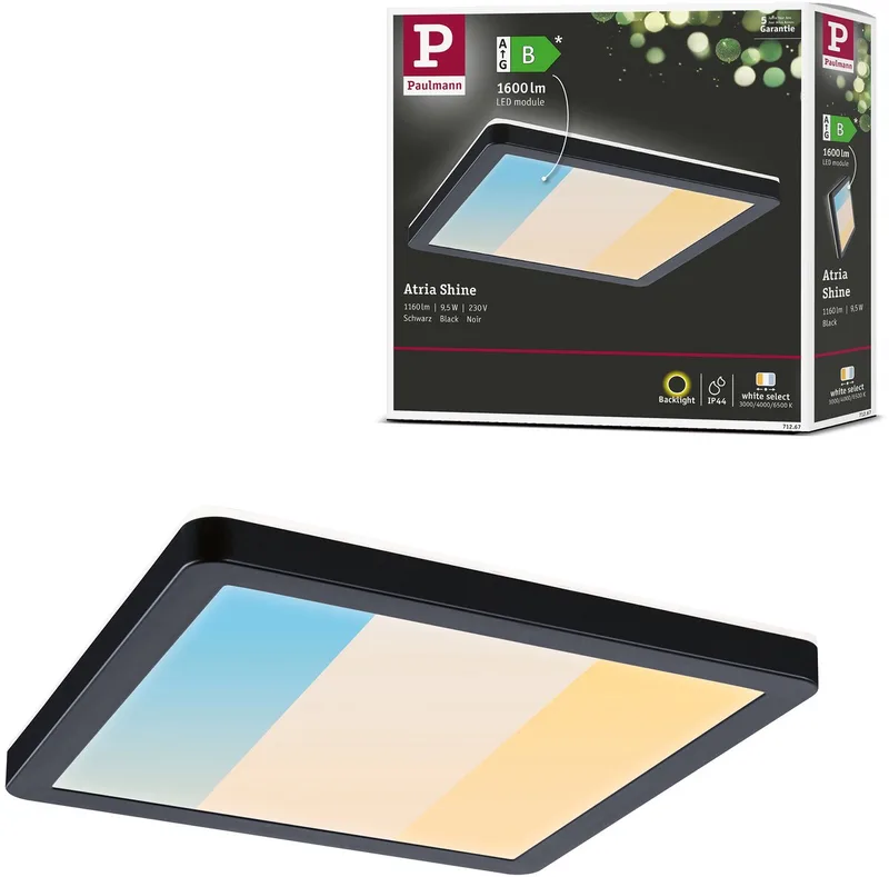LED-paneel Atria Shine White Select IP44 hoekig 190x190 mm 8W 1160lm White Select van Paulmann in Zwart – productfoto