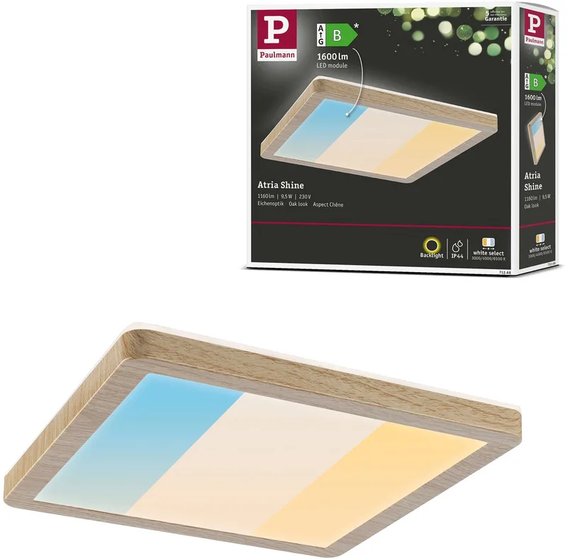 LED-paneel Atria Shine White Select IP44 hoekig 190x190 mm 8W 1160lm White Select van Paulmann in Houtlook – productfoto