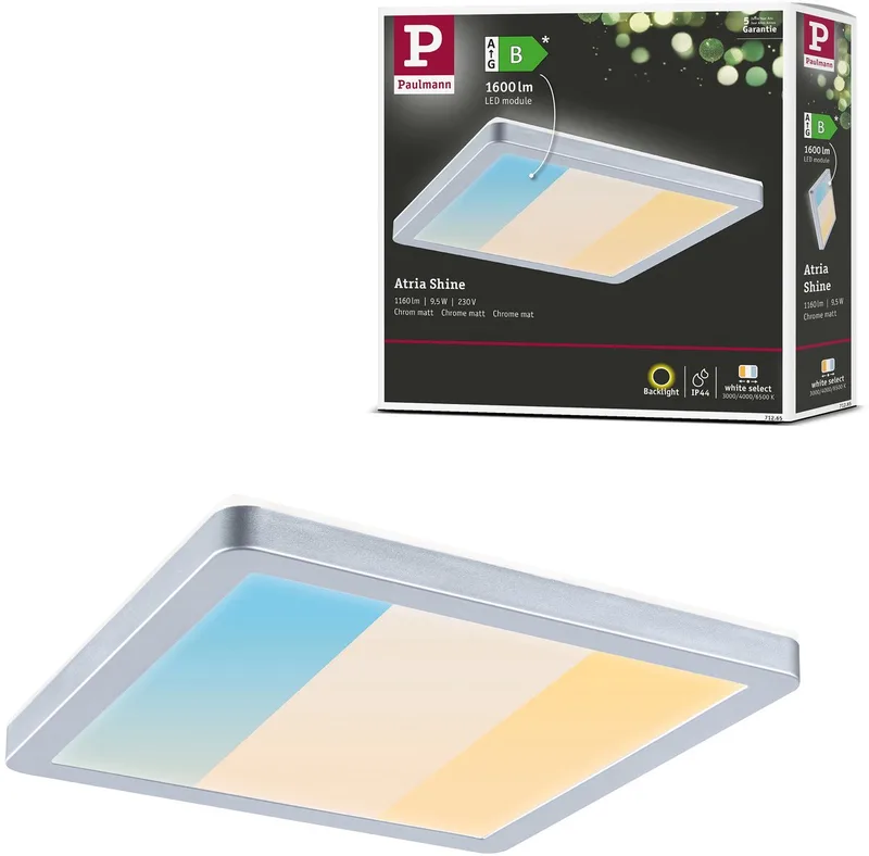 LED-paneel Atria Shine White Select IP44 hoekig 190x190 mm 8W 1160lm White Select de Paulmann en Chroom mat – photo produit