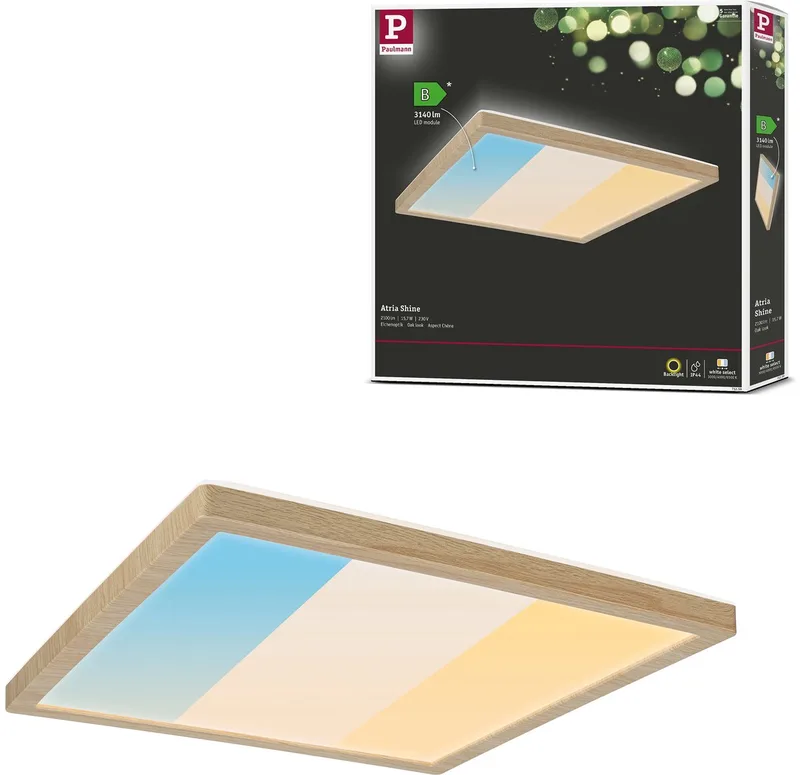 LED-paneel Atria Shine White Select IP44 hoekig 298x298 mm 15,7W 2100lm White Select de Paulmann en Houtlook – photo produit