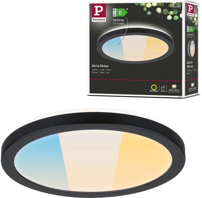 LED-paneel Atria Shine White Select IP44 rond 190 mm 7,6W 1100lm White Select de Paulmann en Noir – photo produit