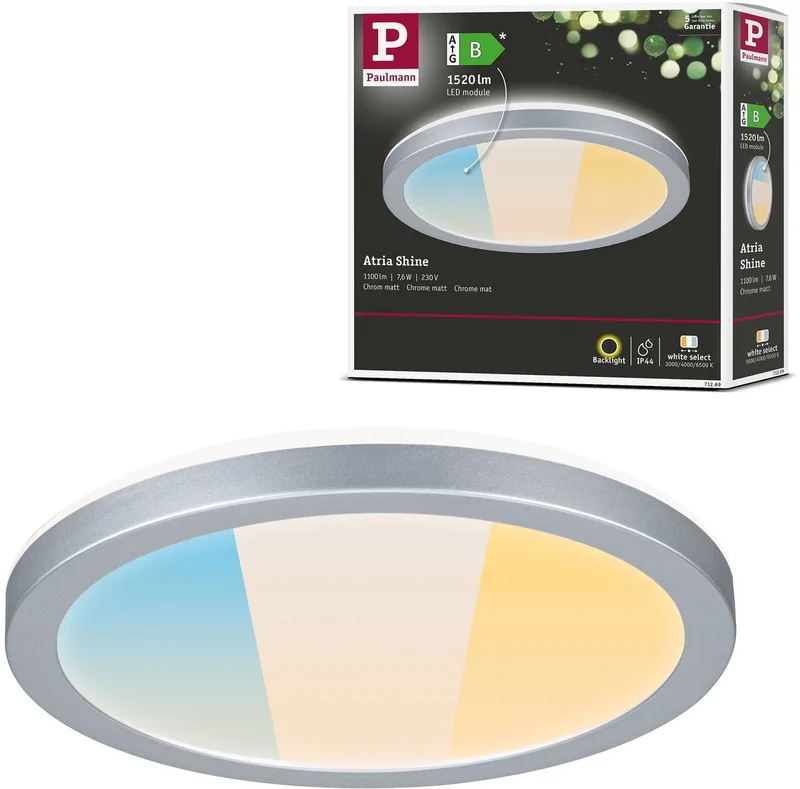 LED-paneel Atria Shine White Select IP44 rond 190 mm 7,6W 1100lm White Select de Paulmann en Chroom mat – photo produit
