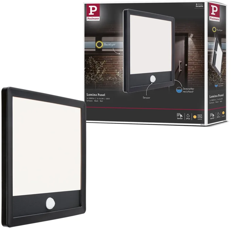 LED-paneel voor buiten Lamina Backlight Schemergestuurde bewegingsmelder (IR) zeewater bestendig IP44 hoekig 250x250 mm 3000K 14,5W 950lm 230V Kunststof by Paulmann in Black – product photo