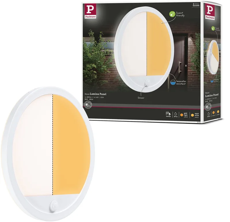 LED-paneel voor buiten Lamina Backlight Schemergestuurde bewegingsmelder (IR) insectvriendelijk IP44 rond 280 mm Tunable Warm 14W 1150lm 230V Kunststof från Paulmann i Vit – produktbild