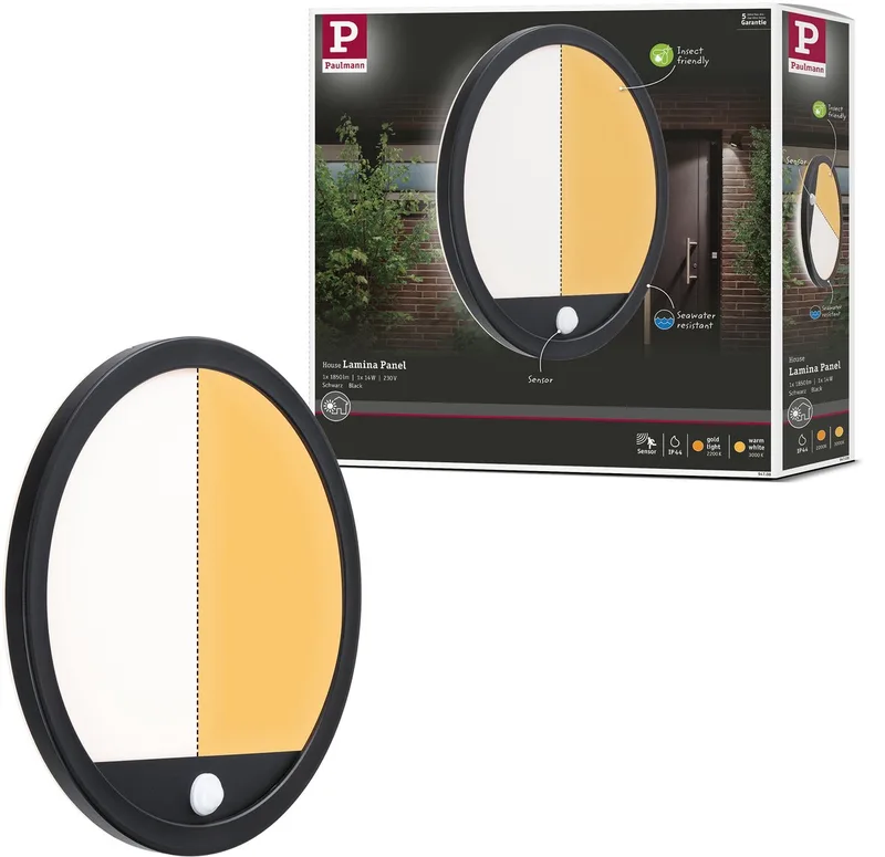 LED-paneel voor buiten Lamina Backlight Schemergestuurde bewegingsmelder (IR) insectvriendelijk IP44 rond 280 mm Tunable Warm 14W 1150lm 230V Kunststof van Paulmann in Zwart – productfoto