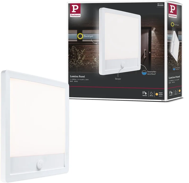 LED-paneel voor buiten Lamina Backlight Schemergestuurde bewegingsmelder (IR) zeewater bestendig IP44 hoekig 250x250 mm 3000K 14,5W 950lm 230V Kunststof från Paulmann i Vit – produktbild