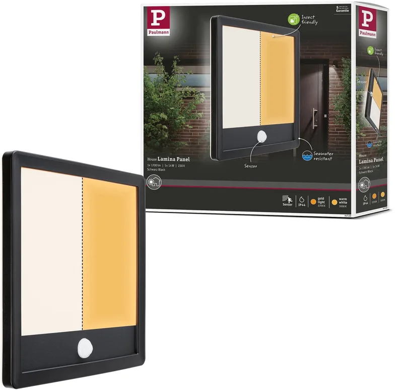 LED-paneel voor buiten Lamina Backlight Schemergestuurde bewegingsmelder (IR) insectvriendelijk IP44 hoekig 250x250 mm Tunable Warm 14W 920lm 230V Kunststof von Paulmann in Schwarz – Produktfoto
