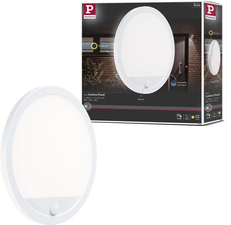 LED-paneel voor buiten Lamina Backlight Schemergestuurde bewegingsmelder (IR) zeewater bestendig IP44 rond 280 mm 3000K 14,5W 1200lm 230V Kunststof från Paulmann i Vit – produktbild