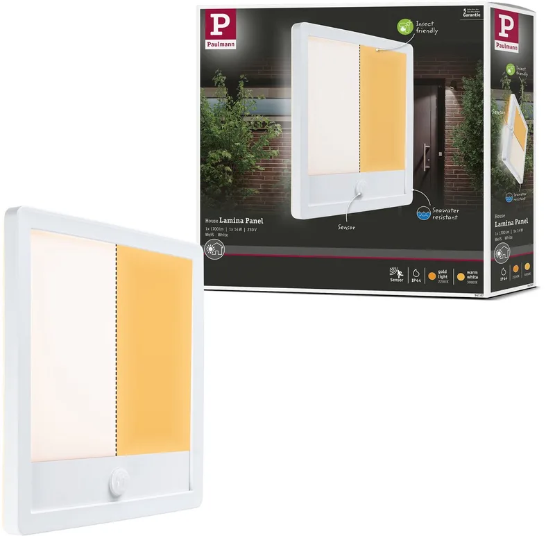 LED-paneel voor buiten Lamina Backlight Schemergestuurde bewegingsmelder (IR) insectvriendelijk IP44 hoekig 250x250 mm Tunable Warm 14W 920lm 230V Kunststof fra Paulmann i Hvid – produktbillede