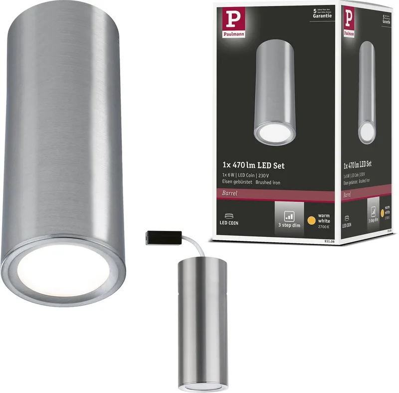 LED-plafondlamp 3-Step-Dim Barrel 2700K 470lm 230V 6W dimbaar de Paulmann en Staal geborsteld – photo produit