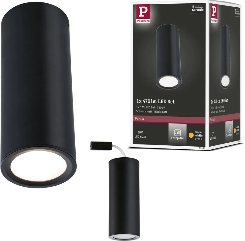 LED-plafondlamp 3-Step-Dim Barrel 2700K 470lm 230V 6W dimbaar de Paulmann en Zwart mat – photo produit