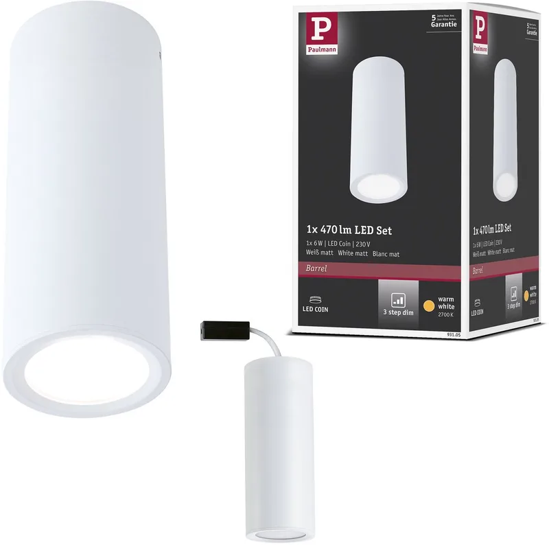 LED-plafondlamp 3-Step-Dim Barrel 2700K 470lm 230V 6W dimbaar de Paulmann en Wit mat – photo produit