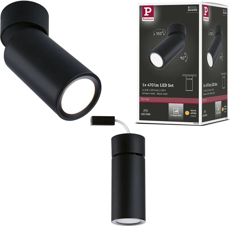 LED-plafondlamp 3-Step-Dim Turnal Coin 2700K 470lm 230V 6W dimbaar de Paulmann en Zwart mat – photo produit