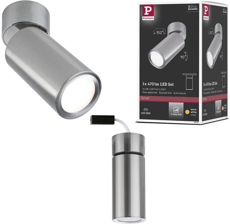 LED-plafondlamp 3-Step-Dim Turnal Coin 2700K 470lm 230V 6W dimbaar von Paulmann in Staal geborsteld – Produktfoto