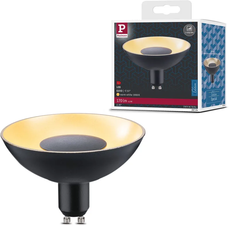 LED-reflector 3-Step-Dim GU10 230V 170lm 4,9W 1900K dimbaar Zwart, Goud de Paulmann – photo produit