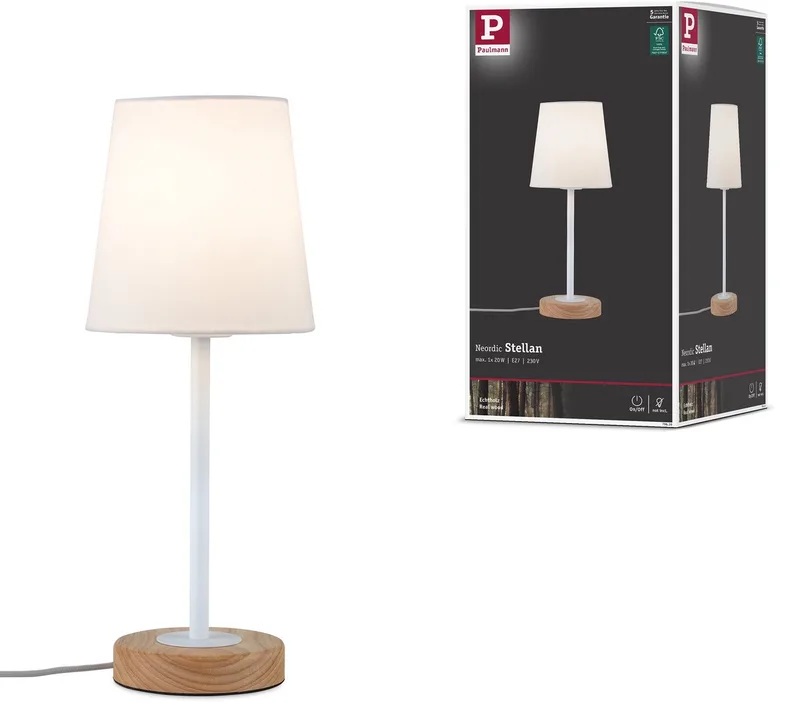 Bordslampa Stellan i textil och naturlig design från Paulmann i Vit, Hout – produktbild