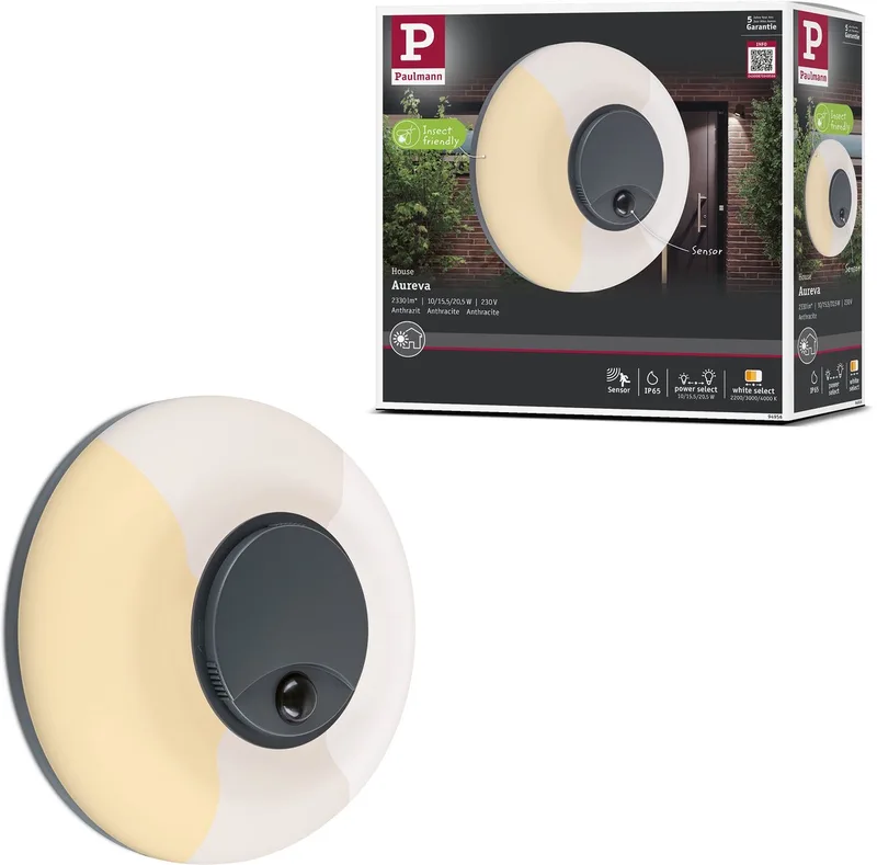 LED-wandarmatuur voor buiten Aureva incl. bewegingsmelder IP65 rond 220 mm 2200 - 4000K 20,5W 1630lm 230V Antraciet, Wit Polycarbonaat de Paulmann en Anthracite, Blanc – photo produit