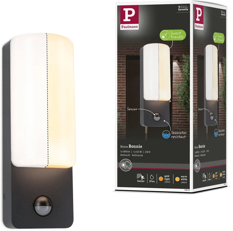 LED-wandarmatuur voor buiten Bonnie Schemergestuurde bewegingsmelder (IR) insectvriendelijk IP44 93x263 mm 2200 - 3000K 8,5W 560lm 230V Aluminium från Paulmann i Antracit – produktbild