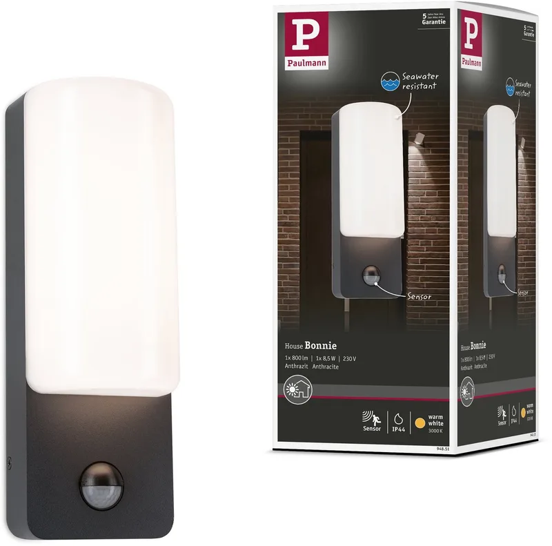LED-wandarmatuur voor buiten Bonnie Schemergestuurde bewegingsmelder (IR) IP44 93x263 mm 3000K 8,5W 560lm 230V Aluminium från Paulmann i Antracit – produktbild