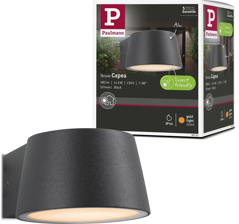 LED-väggarmatur för utomhus Capea insektsvänlig IP44 96x128 mm 2200K 6W 550lm 230V 98° aluminium från Paulmann i Antracit – produktbild