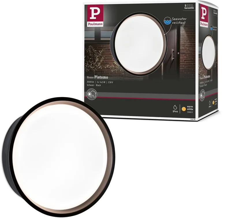 LED-wandarmatuur voor buiten Platomo zeewater bestendig IP44 rond 180 mm 3000K 14,5W 1200lm 230V Kunststof de Paulmann en Noir – photo produit
