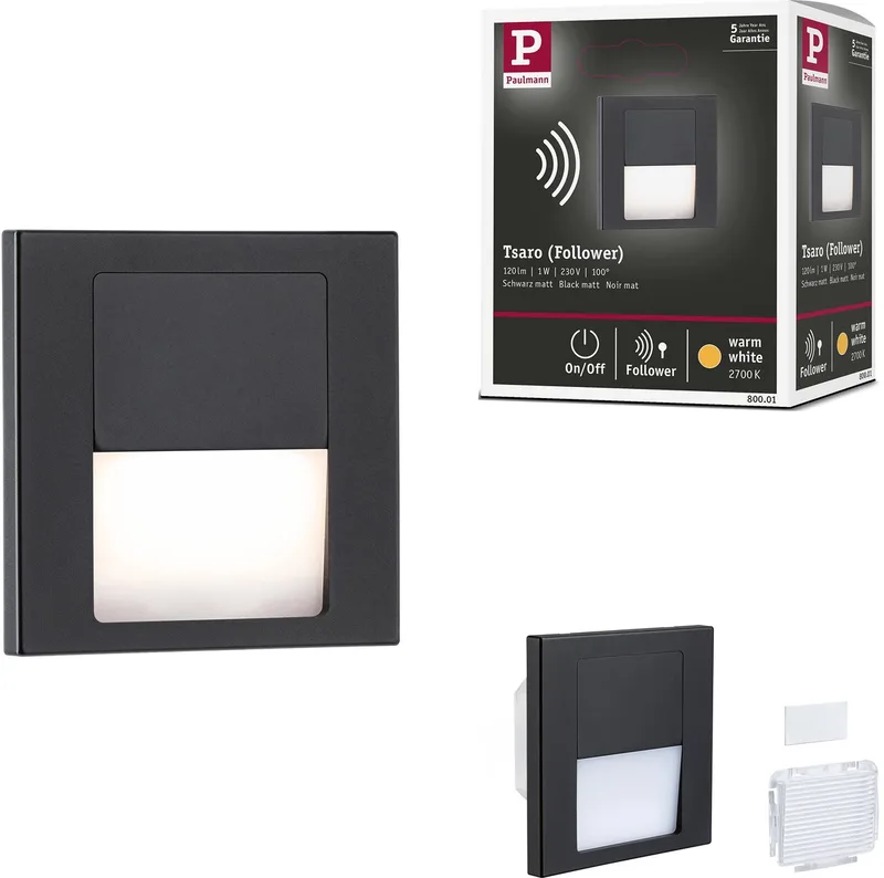 LED-wandinbouwlamp Tsaro hoekig 80x80 mm 1W 80lm 230V 2700K van Paulmann in Zwart mat – productfoto