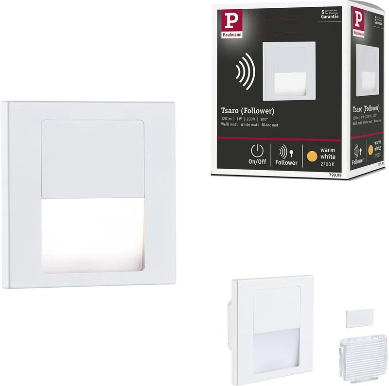 LED-väggfast infälld lampa Tsaro kantig 80x80 mm 1W 80lm 230V 2700K från Paulmann i Wit mat – produktbild