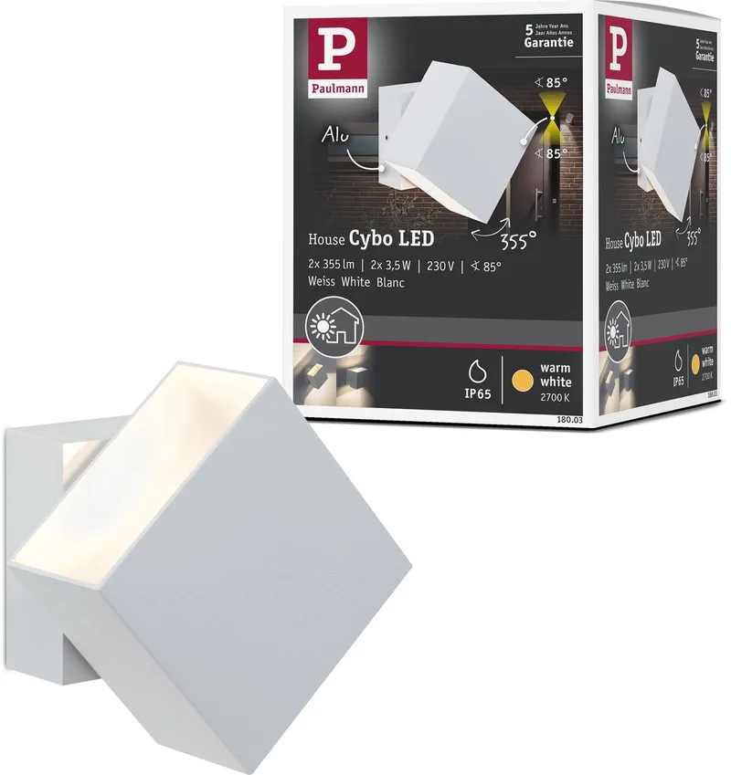 LED-wandlamp Cybo IP65 hoekig 100x100 mm 2700K 2x3,5W 2x200lm 230V 85° Aluminium fra Paulmann i Hvid – produktbillede