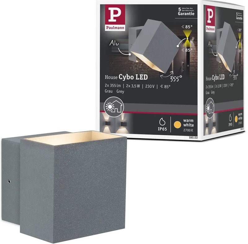 LED-wandlamp Cybo IP65 hoekig 100x100 mm 2700K 2x3,5W 2x200lm 230V 85° Aluminium von Paulmann in Grau – Produktfoto