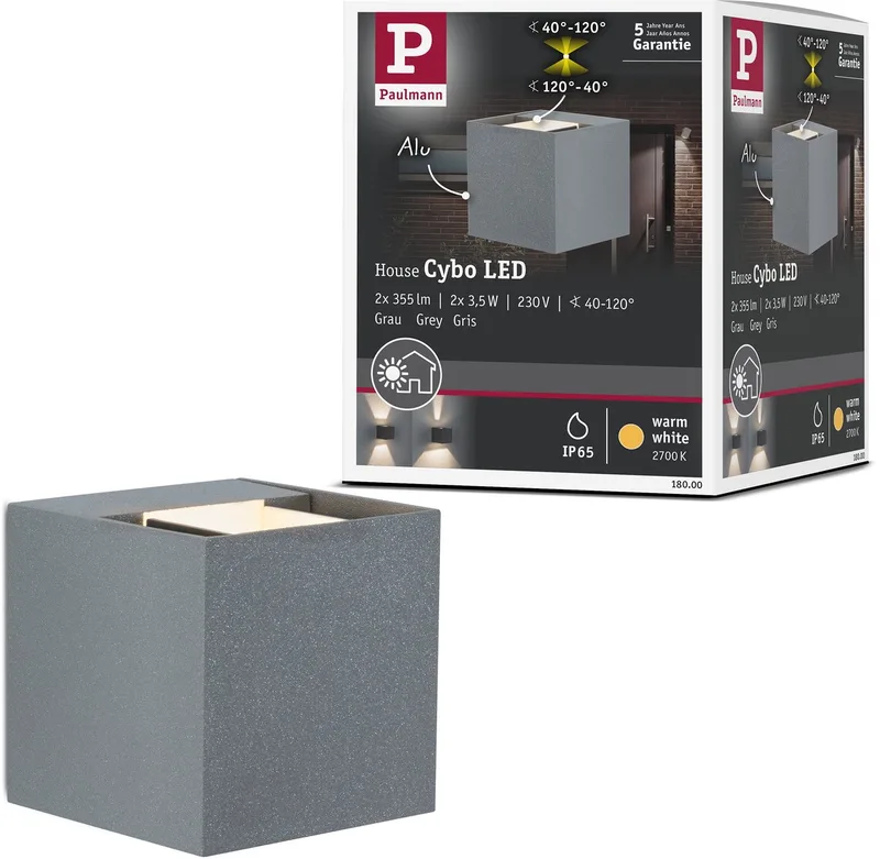 LED-Wandleuchte Cybo IP65 eckig 80x80 mm 2700K 2x3,5W 2x213lm 230V 40-120° Aluminium von Paulmann in Grau – Produktfoto