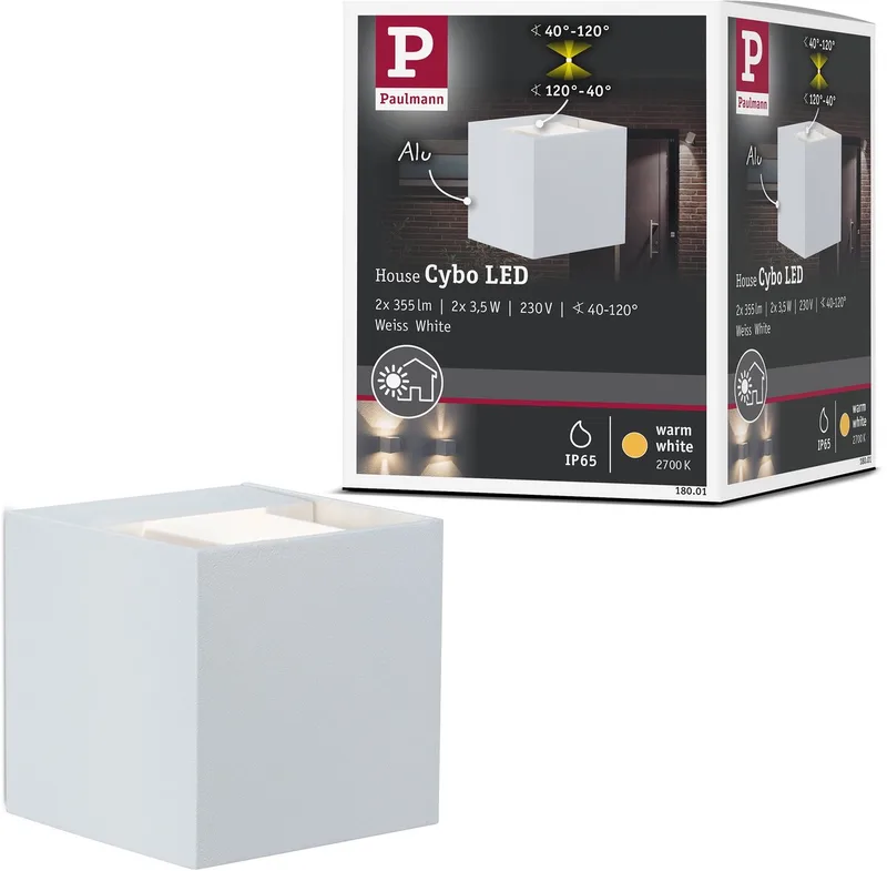 LED-Wandleuchte Cybo IP65 eckig 80x80 mm 2700K 2x3,5W 2x213lm 230V 40-120° Aluminium von Paulmann in Weiß – Produktfoto