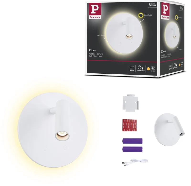 LED wandlamp op accu Kiora 2700K 80lm / 50lm 3,7V 0,6W / 0,7W dimbaar von Paulmann in Weiß – Produktfoto 1 von 5