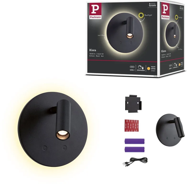 LED wandlamp op accu Kiora 2700K 80lm / 50lm 3,7V 0,6W / 0,7W dimbaar fra Paulmann i Sort – produktbillede 1 af 5