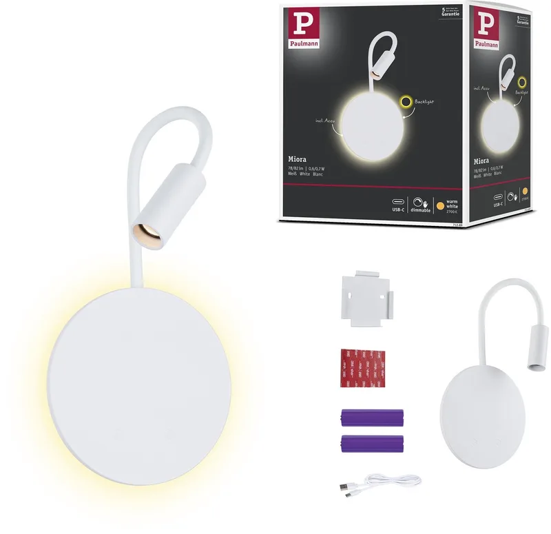 LED wandlamp op accu Miora 2700K 80lm / 50lm 3,7V 0,6W / 0,7W dimbaar de Paulmann en Blanc – photo produit