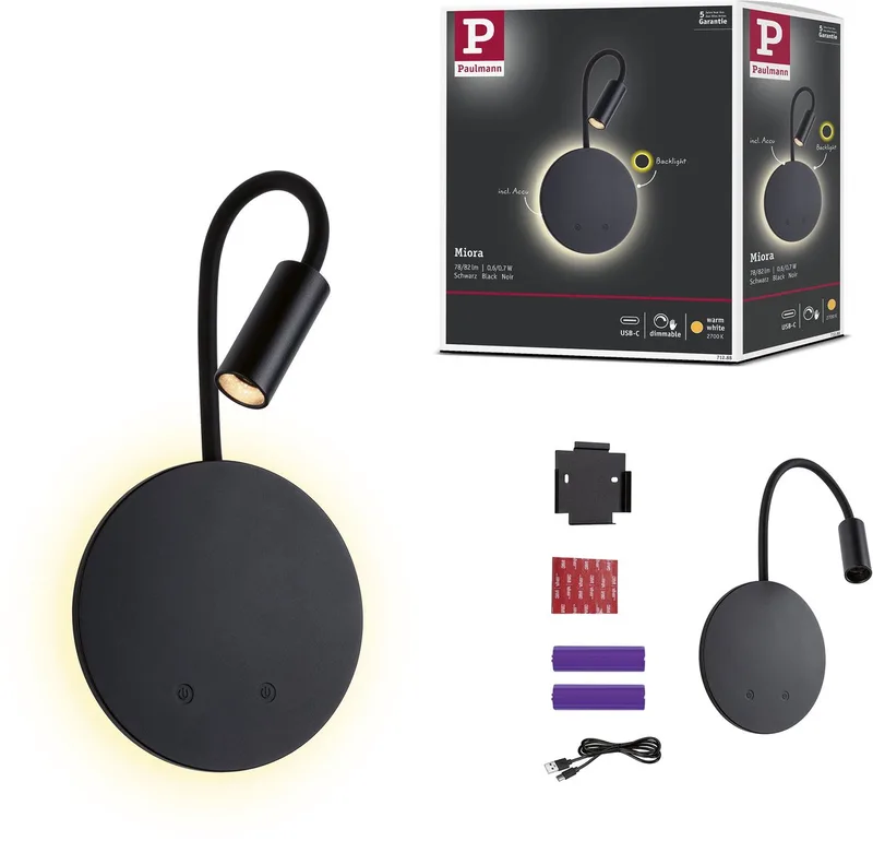 LED wandlamp op accu Miora 2700K 80lm / 50lm 3,7V 0,6W / 0,7W dimbaar fra Paulmann i Sort – produktbillede