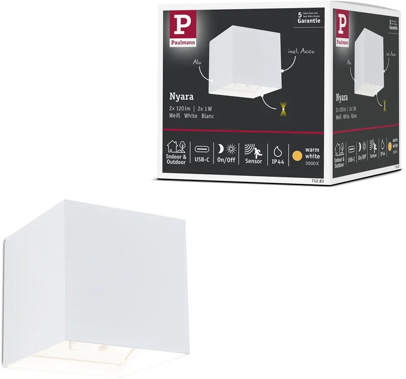 LED wandlamp op accu Nyara IP44 3000K 100x104 mm 2x1W fra Paulmann i Hvid – produktbillede