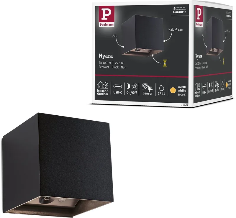 LED wandlamp op accu Nyara IP44 3000K 100x104 mm 2x1W de Paulmann en Noir – photo produit