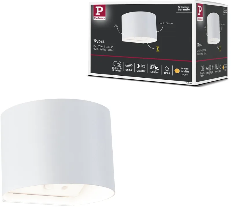 LED wandlamp op accu Nyora IP44 3000K 135x120 mm 2x1W von Paulmann in Weiß – Produktfoto
