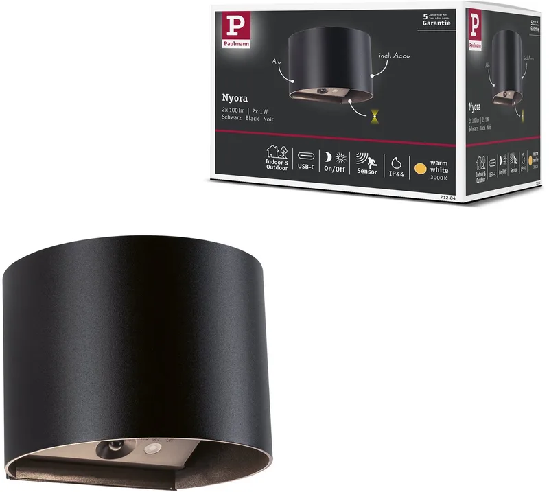 LED wandlamp op accu Nyora IP44 3000K 135x120 mm 2x1W fra Paulmann i Sort – produktbillede