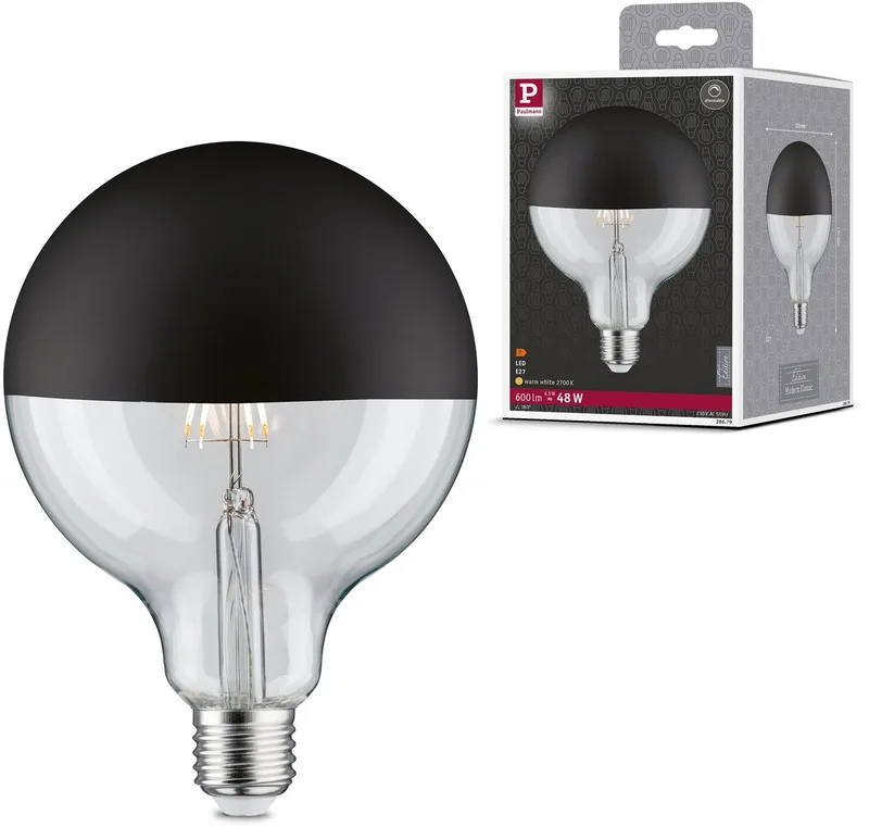 Modern Classic Edition Standaard 230 V LED Globe Kopspiegel E27 G125 600lm 6,5W 2700K dimbaar Kopspiegel zwart mat van Paulmann – productfoto