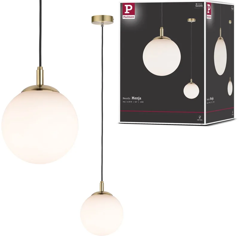 Neordic Hanglamp Menja E27 max. 20W Wit, Messing geborsteld dimbaar Glas, Metaal by Paulmann in White, Messing geborsteld – product photo