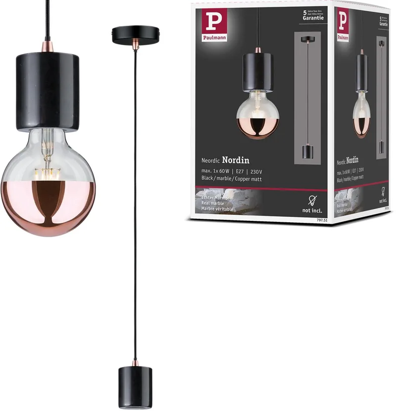 Neordic Hanglamp Nordin E27 max. 60W Zwart, Marmer, Koper mat dimbaar Marmer de Paulmann en Noir, Marmer, Koper mat – photo produit