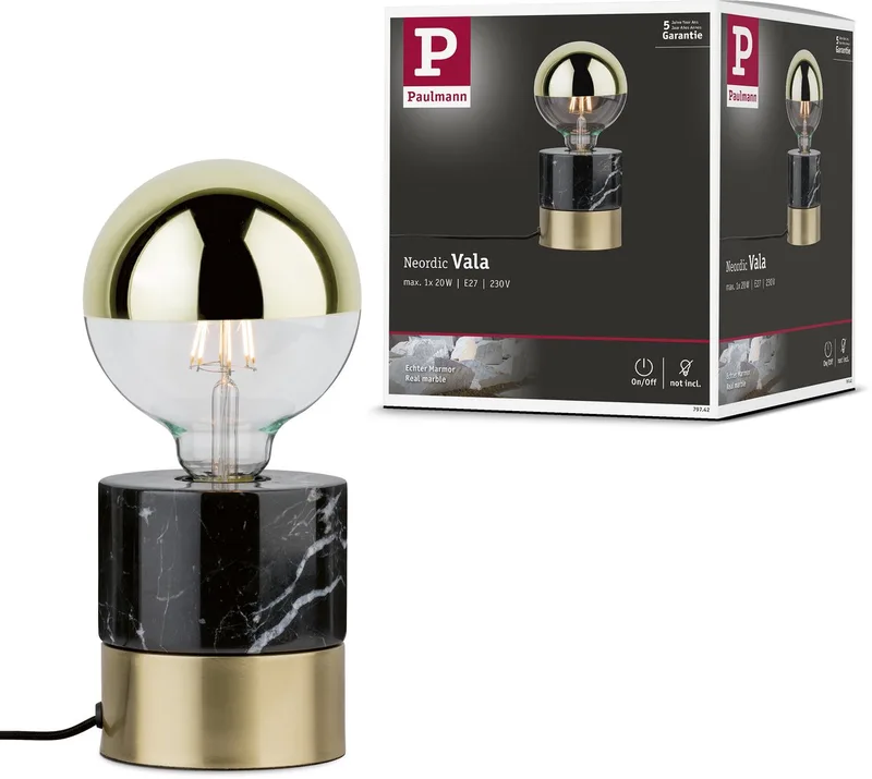 Neordic LED-tafellamp Vala E27 max. 20W Messing geborsteld, Marmer Metaal, Marmer von Paulmann in Messing geborsteld, Marmer – Produktfoto