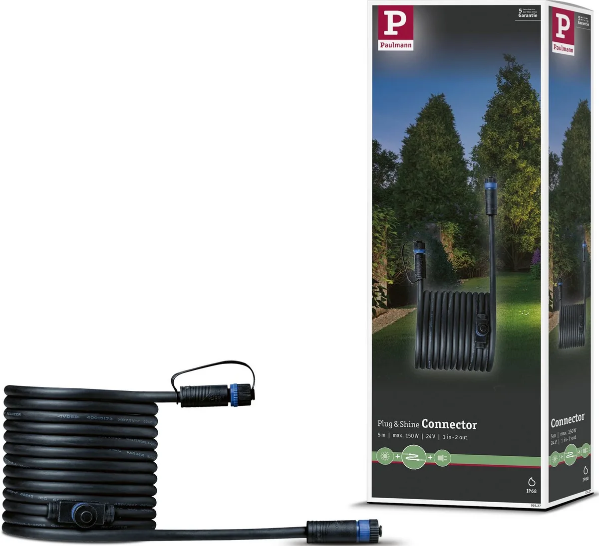 Outdoor Plug&Shine 5m IP68 Lampen-Verbindungskabel, (500 cm), 1 in - 2 out by Paulmann in Black – product photo