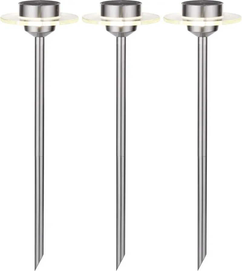 Paulmann 4064161230566 Solarspieß Ufo LED Solar-Gartenleuchte 3er Set 0.2 W Warmweiß Edelstahl, Klar von Paulmann – Produktfoto