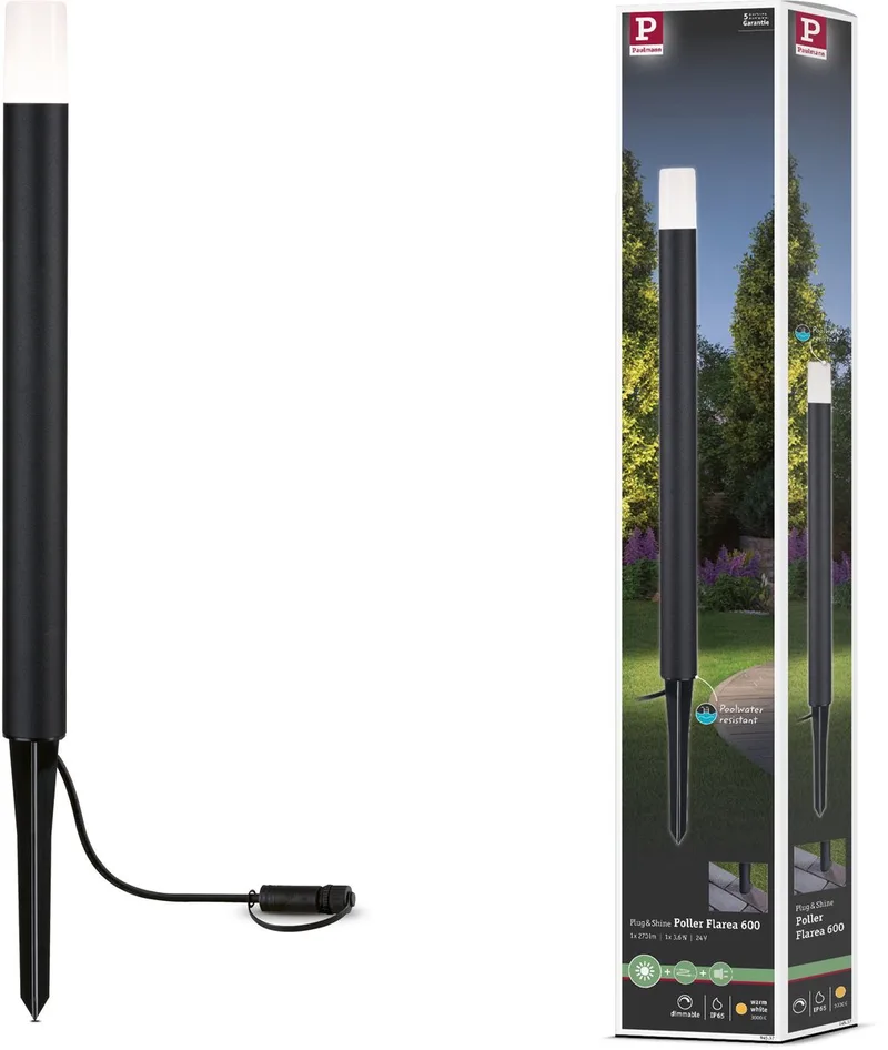 Plug & Shine LED-bolderlamp Flarea Enkele lamp IP65 cilindrisch 600 mm 3000K 3,6W 150lm 24V Metaal by Paulmann in Black – product photo