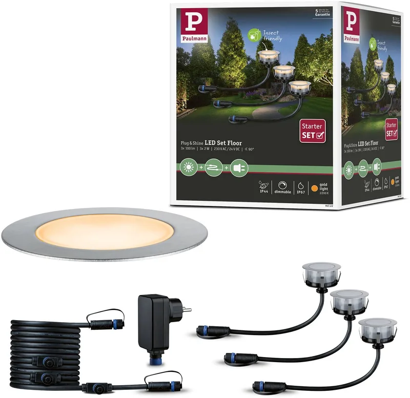 Plug & Shine LED-grondinbouwlamp Floor Basisset Insect-vriendelijk IP67 2200K 3x2W 21VA de Paulmann en Argent – photo produit