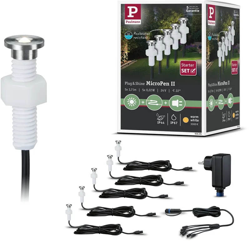 Plug and Shine spot encastrable de sol LED MicroPen II kit de base IP67 3000K 5x0,2W 21VA de Paulmann en Argent – photo produit
